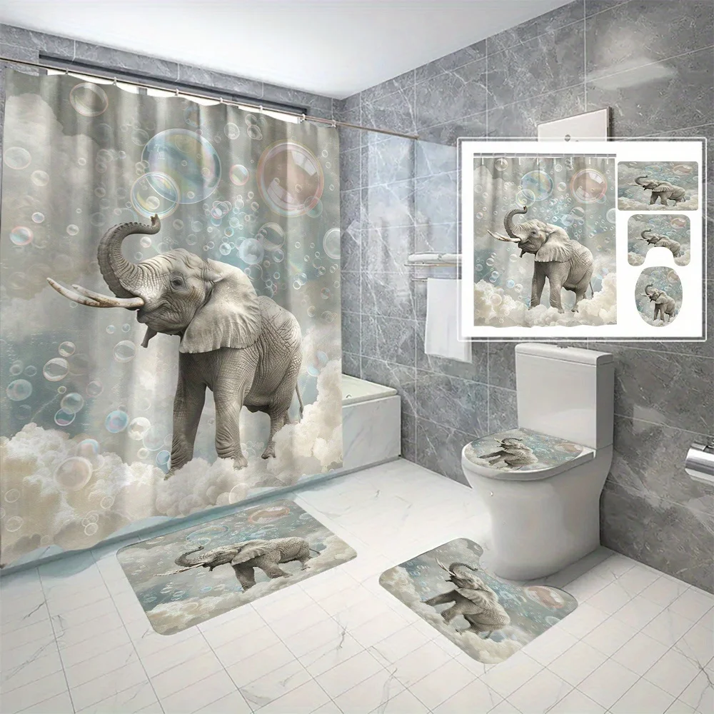 

Открытая 4 шт., занавеска для ванной комнаты с облаком и слоном, цифровая печать, полиэстеровая занавеска для душа, перегородка без дырокола