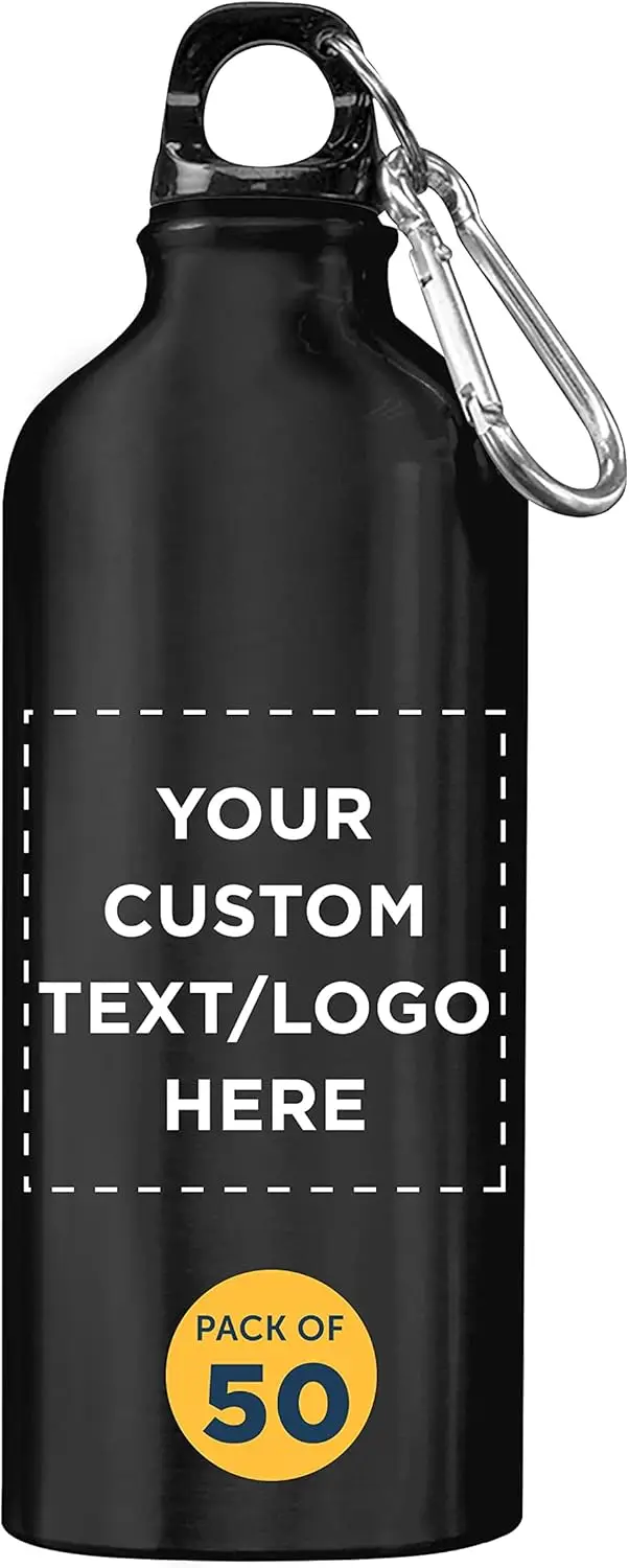 PROMOS Custom Aluminum Water Bottles 20 oz. Set of 50, Personalized Bulk Pack - Perfect for Gym, Hiking, and Any Indoor/Outdoor