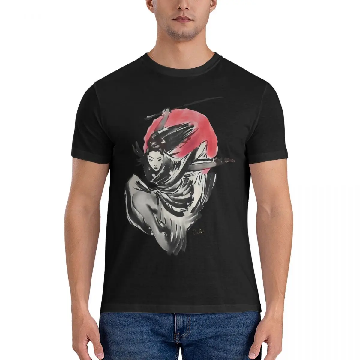 Onna-Bugeisha, Artwork By Annalisa Amato T-Shirts for Men Samurai Spirits Novelty Cotton Tees Round Collar Short Sleeve T Shirts