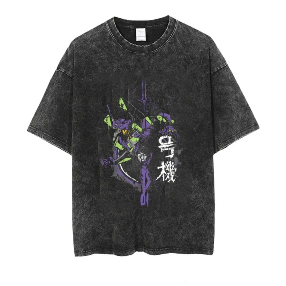 أنيمي إيفا تي شيرت رجالي غسلها خمر فضفاض الصيف المرأة المطبوعة قصيرة الأكمام تيز المتضخم الصالة الرياضية الملابس Harajuku القمم #1