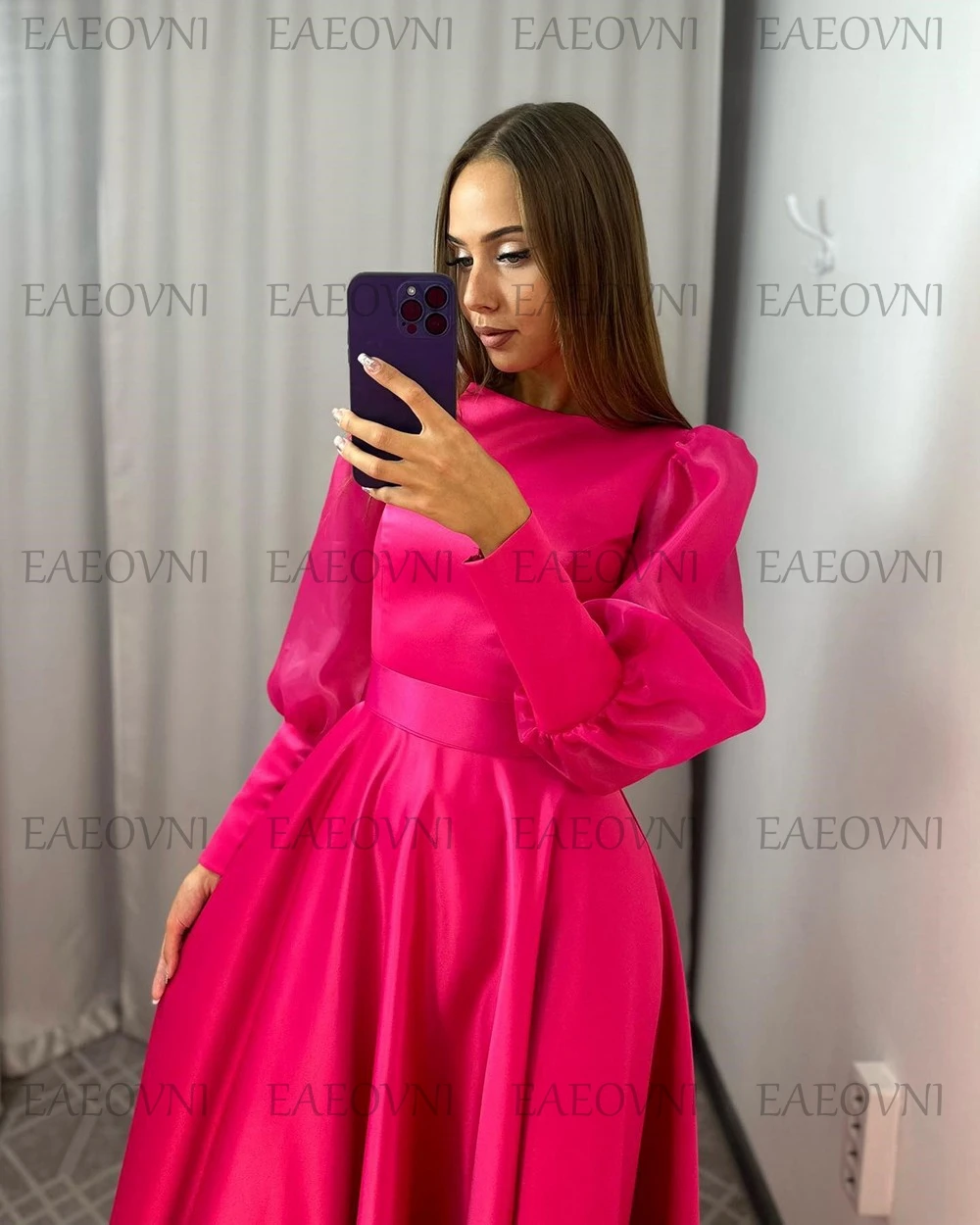 Customized Long Sleeve Evening Gown Solid Color Round Neck Middle Eastern Dress Prom Dresses A-line Muslim Clothing فساتين سهرة