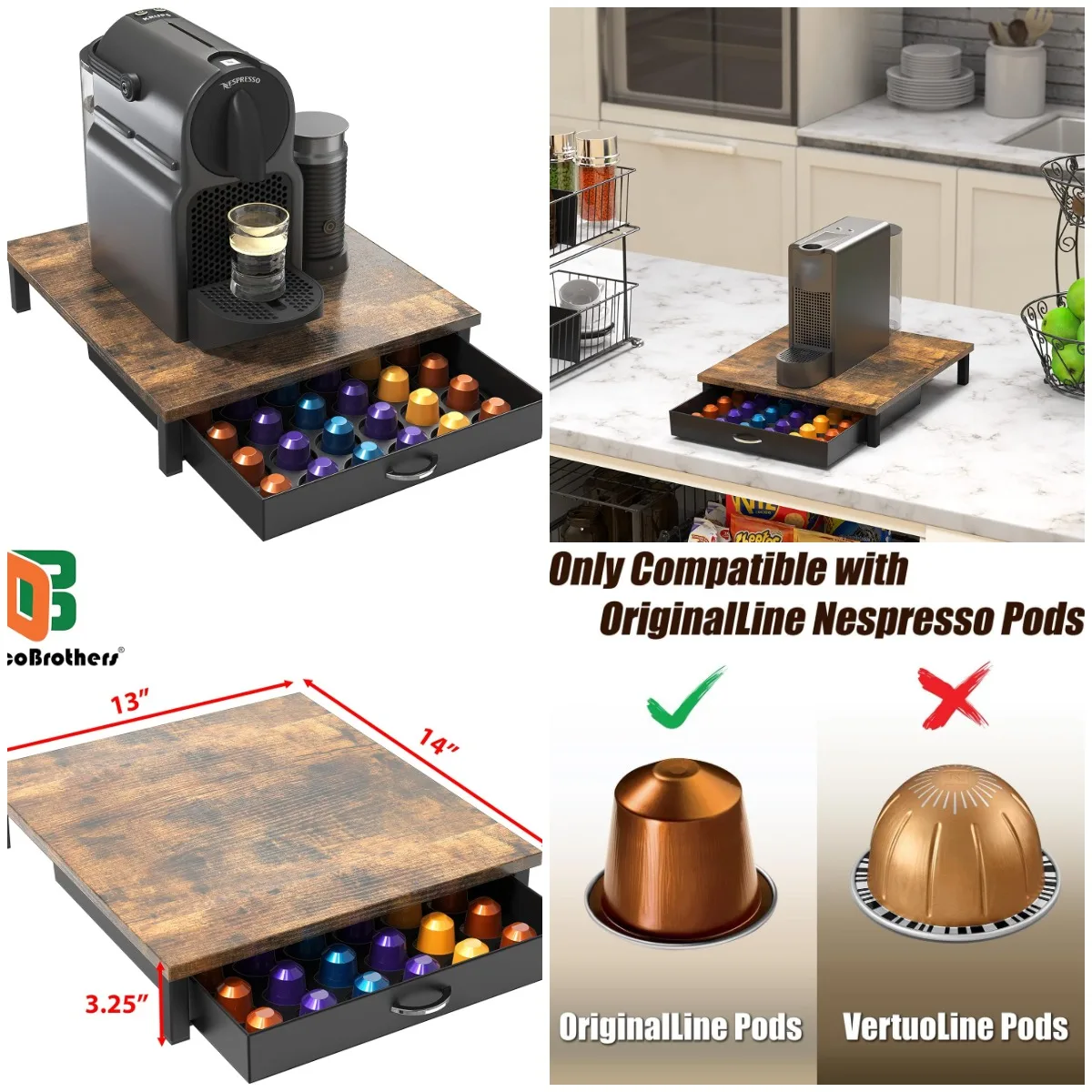 

Wooden Coffee Pod Drawer Compatible with 42 Nespresso Original Line Capsules, Rustic Brown