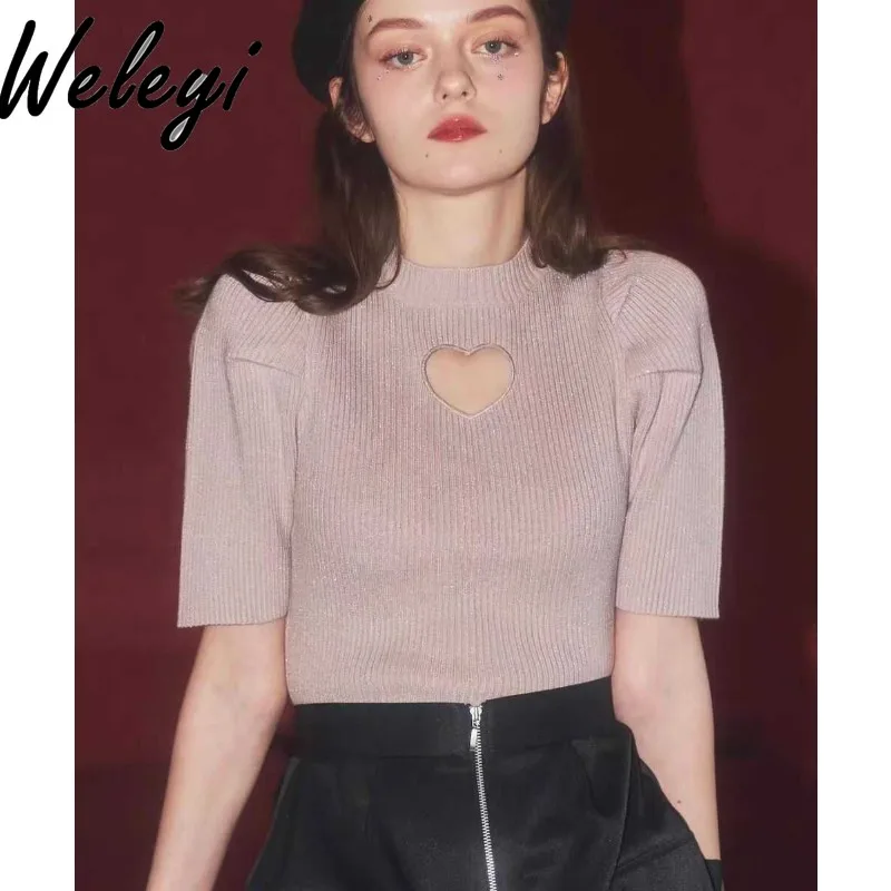 Sweet French Style Knitted Sweater Women 2025 Spring and Autumn Streetwear New Love Hollow Slim Fitting Fine Flash Pullovers Top