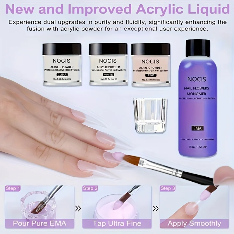 ชุดทำเล็บอะคริลิค: ชุดทำเล็บมืออาชีพ ชุดอะคริลิคสีใส สีขาว สีชมพู ผงอะคริลิคและน้ำยา พร้อมชุดเริ่มต้นทำเล็บอะคริลิค