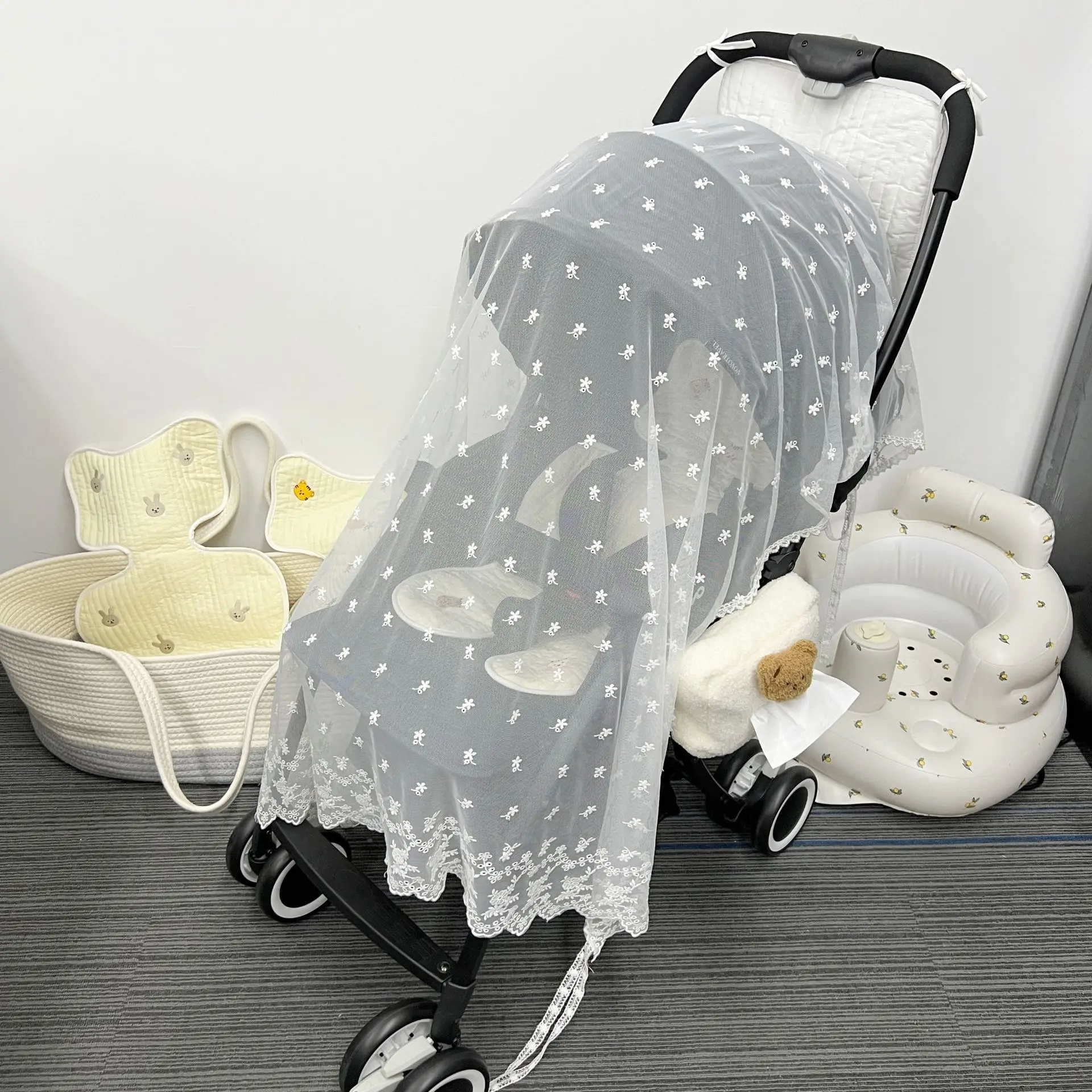 Korean Version Baby Stroller Mosquito Net Cover Universal Infant Bed Mosquito Net Mesh Embroidery Breathable Lace Mosquito Net