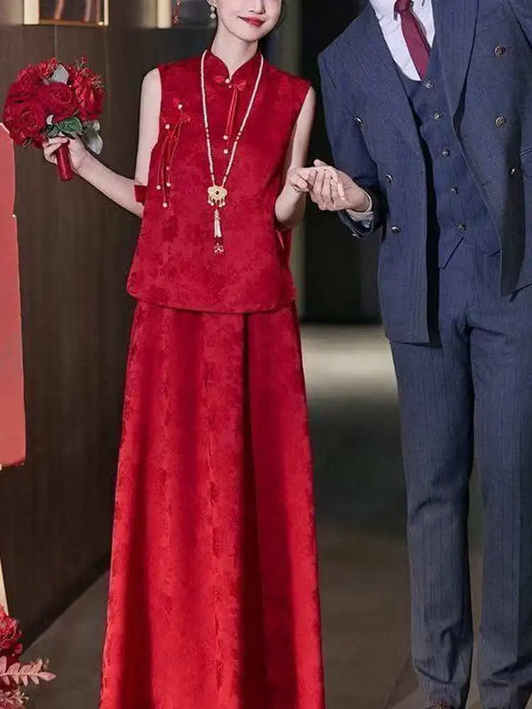 red-high-waist-wedding-dr-two-piece-suit-slimming-ele-vintage-sle-zipper-closure-long-evening-gown-for-wedding