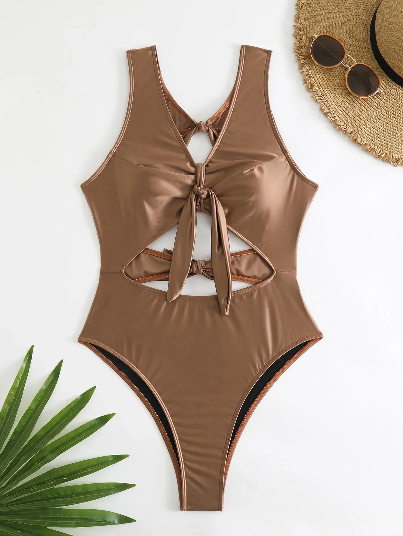 بلون مثير الجوف خارج عميق الخامس قطعة واحدة ملابس السباحة عقدة بيكيني مفتوح بيليد، عارية الذراعين، بيكيني عالية الخصر #4