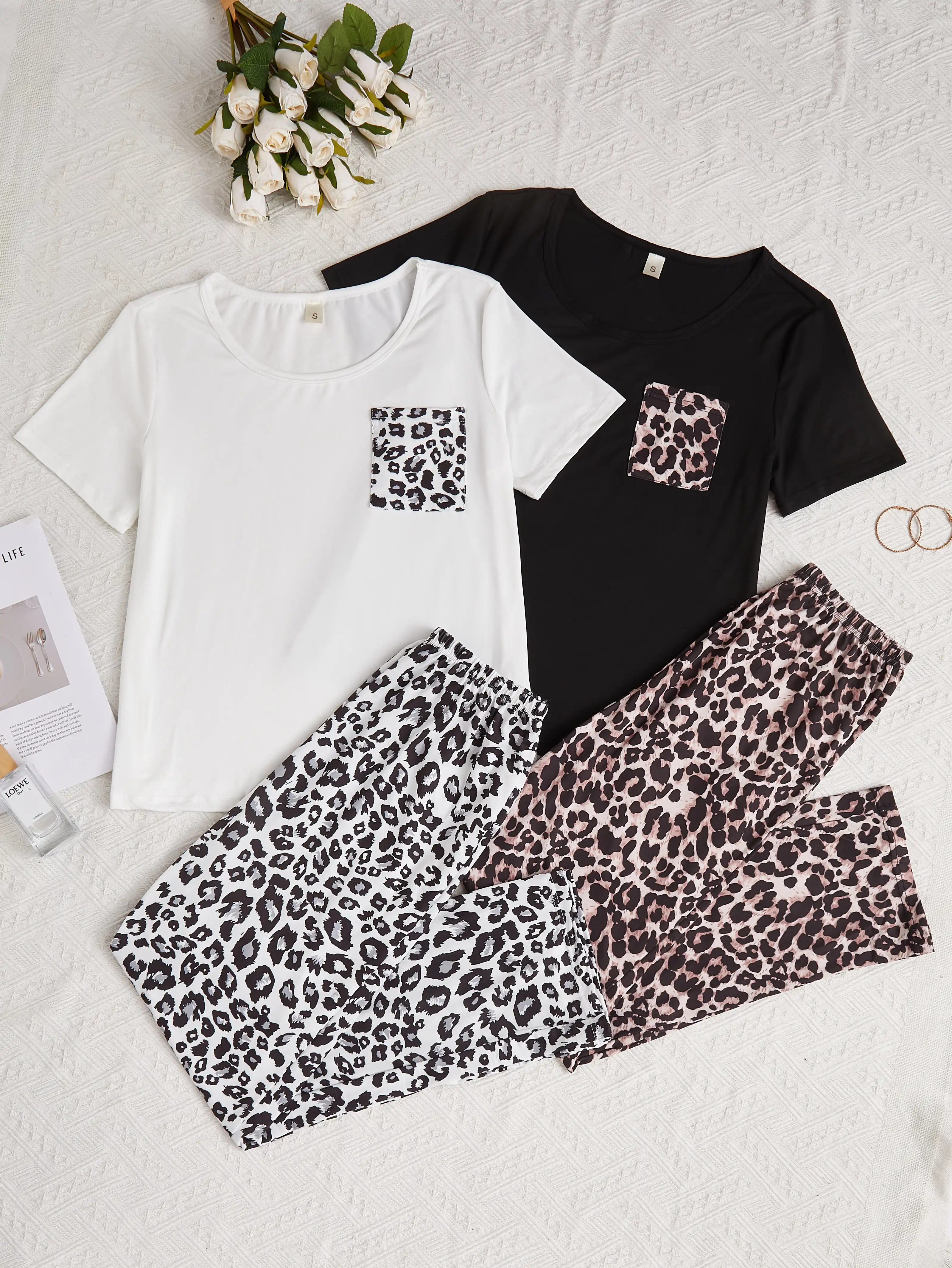 2 Set women\'s new style pajamas set leopard print pocket short sleeve top and trousers four-piece casual home wear set