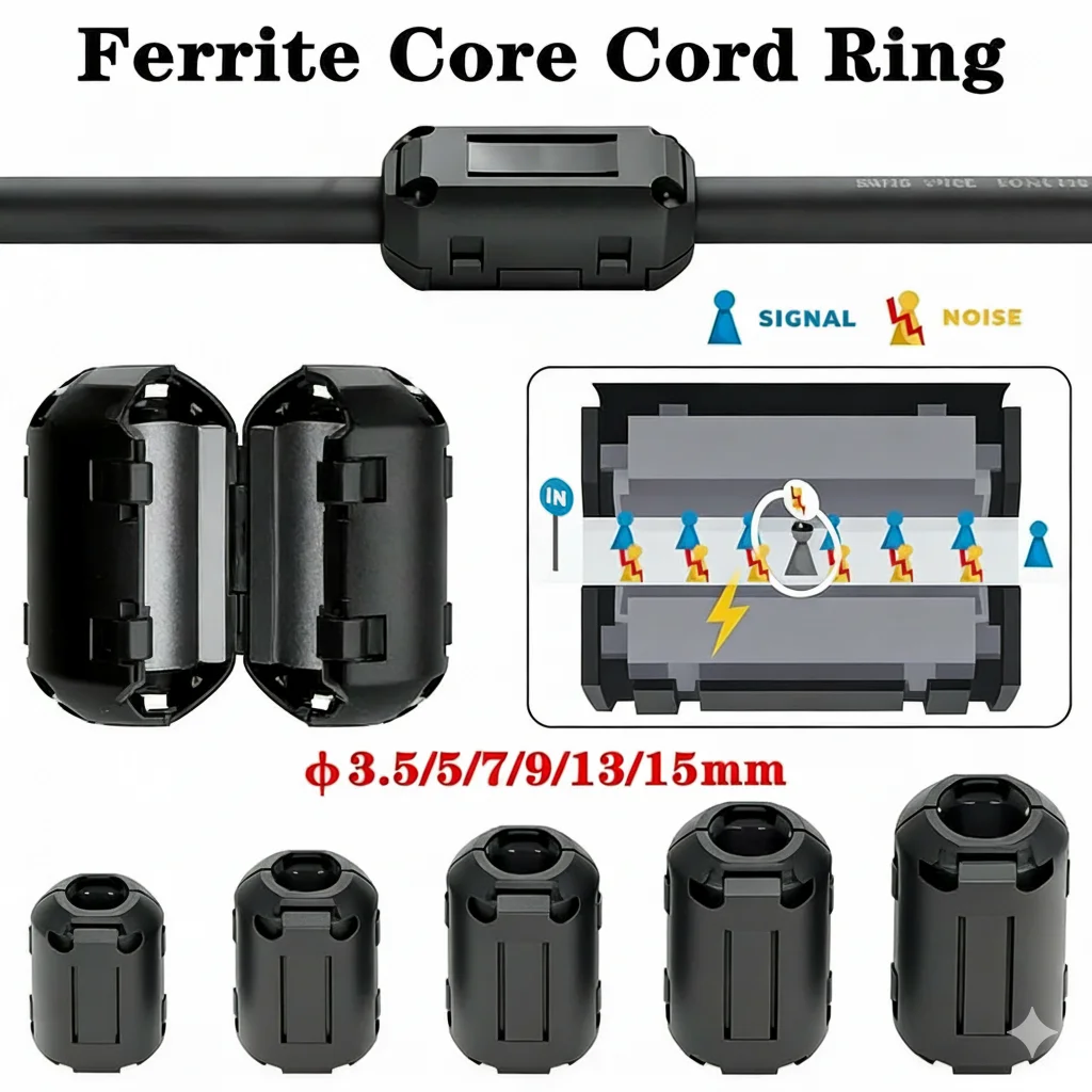 10Pcs 3.5/5/7/9/13/15mm Ring Core Ferrite Bead Clamp Choke Coil EMI RFI Noise Filter Clip Snap Cable for Black Magnetic Snap-on