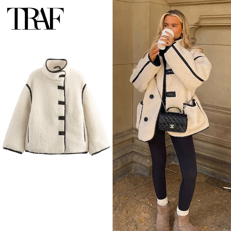 TRAF Women\'s Warm Winter Jacket 2024 Fleece Plush Jacket Autumn Oversized Parkas Long Sleeve Teddy Jacket Coats New In Outerwear