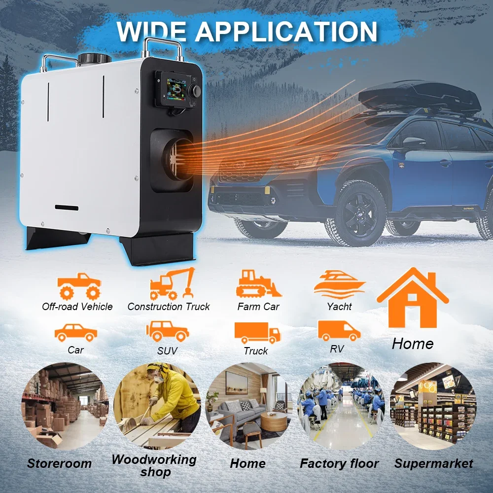 2/8KW New Diesel Air Heater White vertical 12V/24V/220V Bluetooth Car Heater with Silencer Remote Control for Car Truck Boat RV