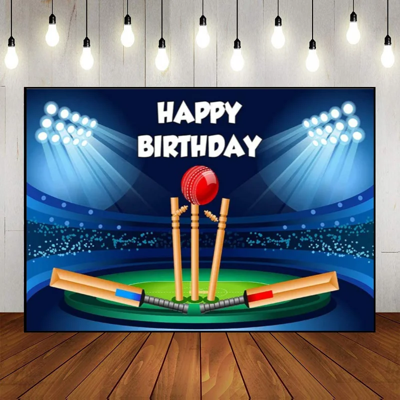 Cricket Sport Birthday Photography Backdrop Spotlight Stadium Blue Black Happy Decor Photography Background Banner Basketball