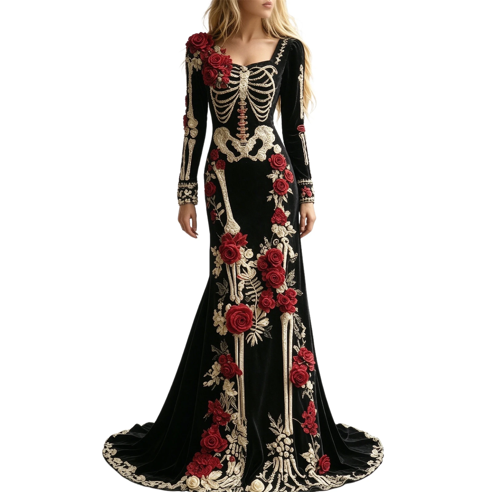 Gruseliges Gothic-Totenkopf-Kleid mit Rundhalsausschnitt, Halloween-Maskerade-Aufführung, Cosplay-Kostüm, Damen-Langarmkleid