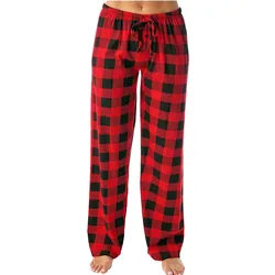 Women Black Red Plaid Printed Pants Drawstring Sleepwear Trousers Autumn Winter Pajama Bottoms