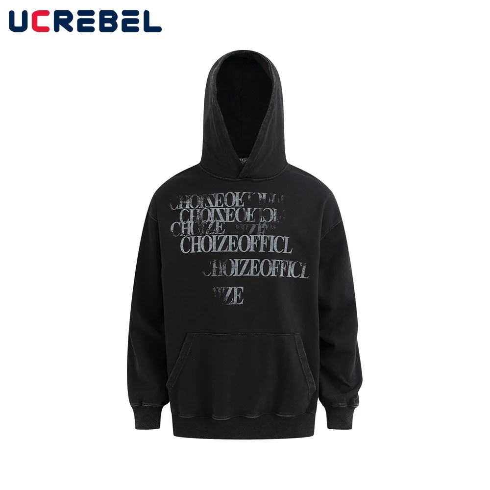 High Street Letter Print Hooded Sweatshirts Mens Autumn Distressed Front Pocket Loose Drop Shoulder Long Sleeve Hoodies Men