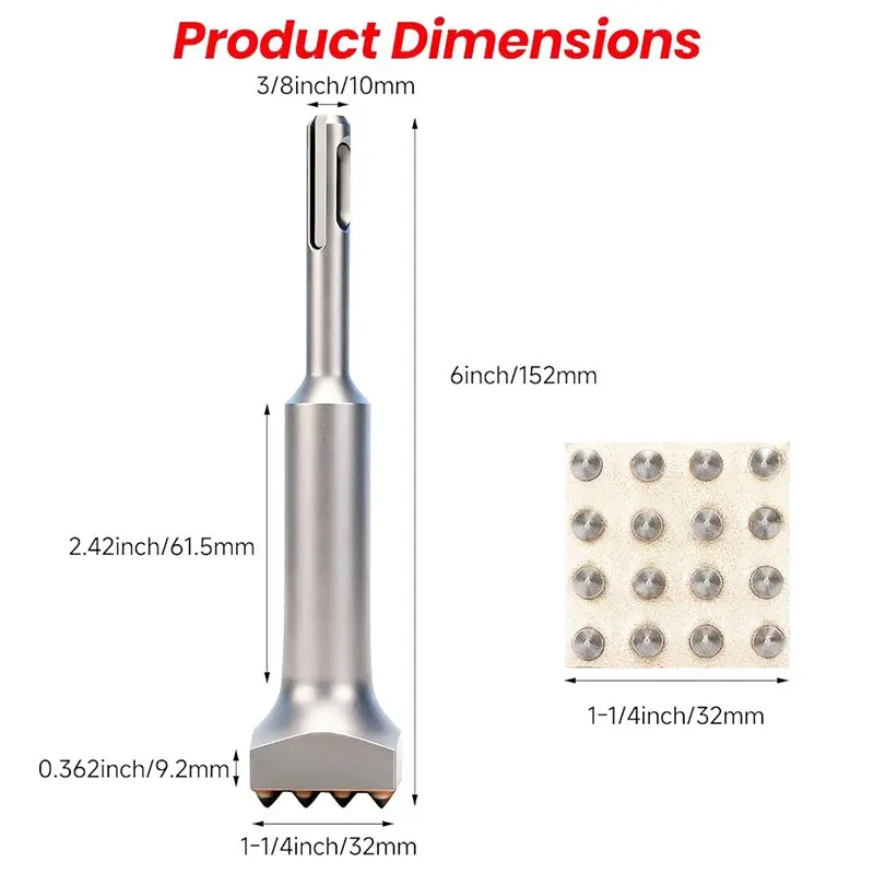 ABSJ – für Betonreparatur, Flickenvorbereitung und Oberflächenbehandlung – 6" x 1-1/4" SDS Plus-Buchsenwerkzeug, 16-Spitzen-Buchshammerbits