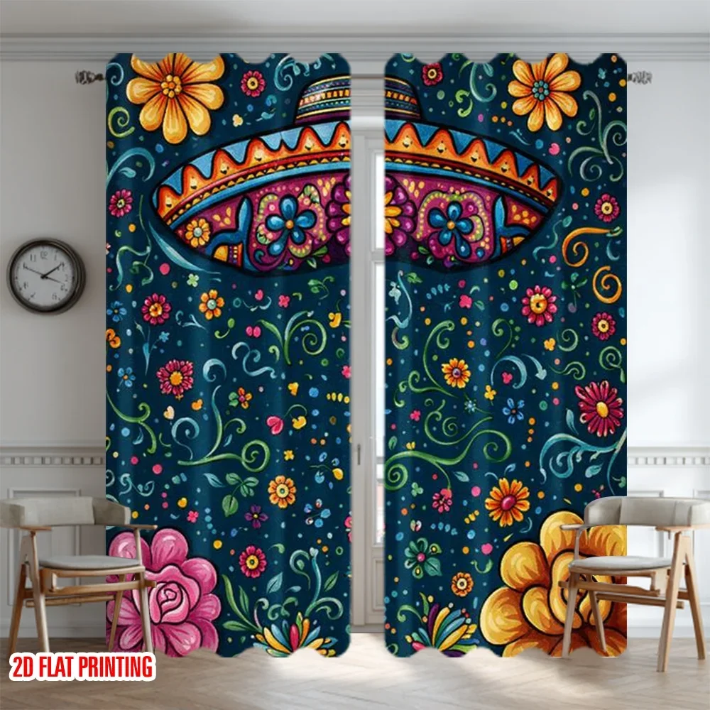 2pcs Boho Peacock Floral Digital Print Curtains Pair Colorful Bohemian Window Curdains for Living Room Decor