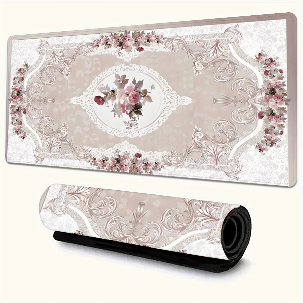 

Floral desk mets with exquisite rolled edges, soft pink and beige anti-slip mousepads, Persian style, suitable for office gamers