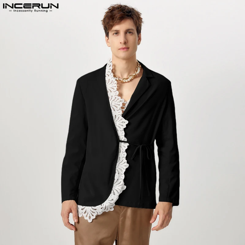 INCERUN Stylish Men's Tops Slanted Placket Patchwork Lace Blazer Handsome Male Casual Clubwear Male Long Sleeved Suit Coat 2024