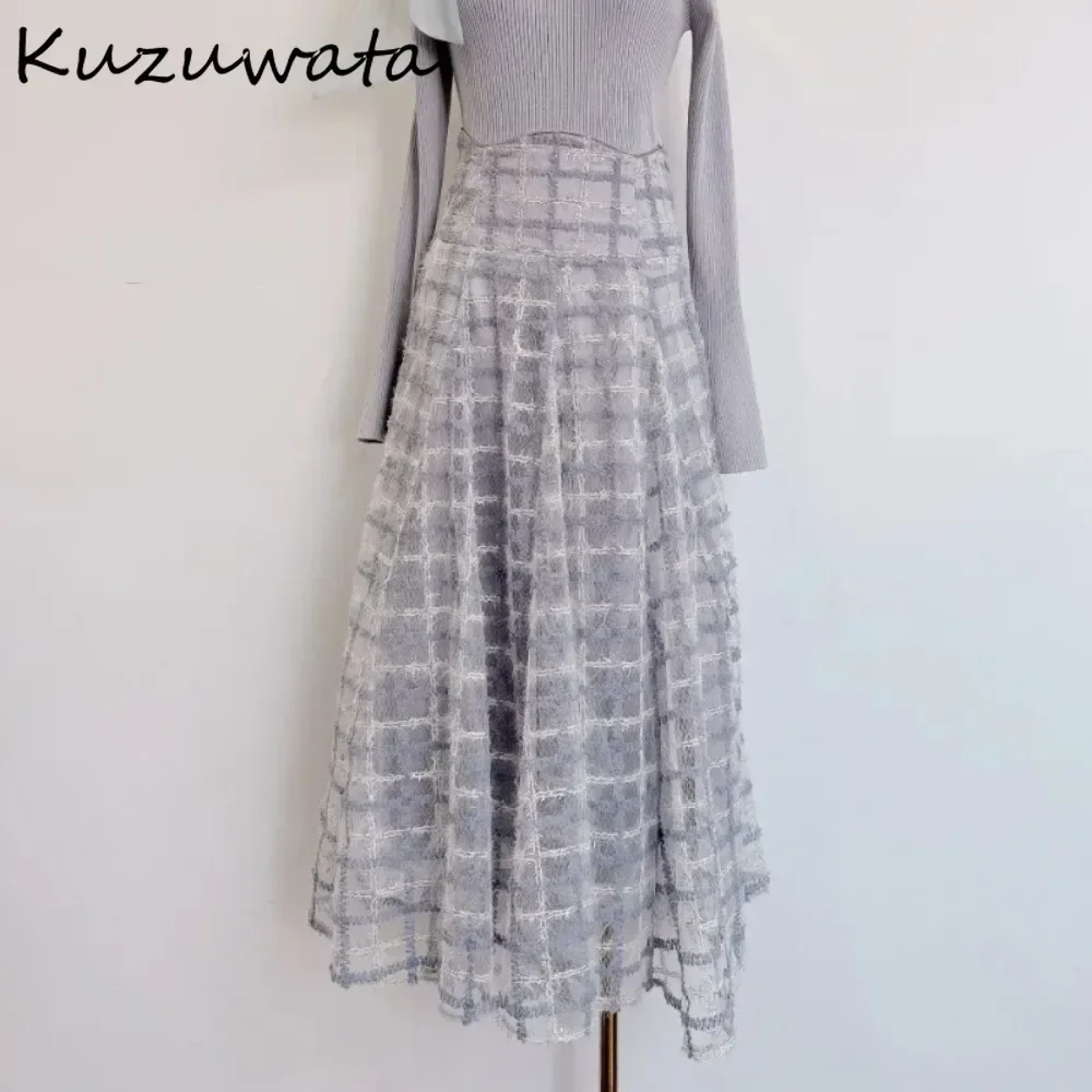 Kuzuwata Elegant High Waist Slim Lace Up Women Faldas Plaid All-match Ball Gown Panelled Skirt Japanese New Flash Luxury Falda