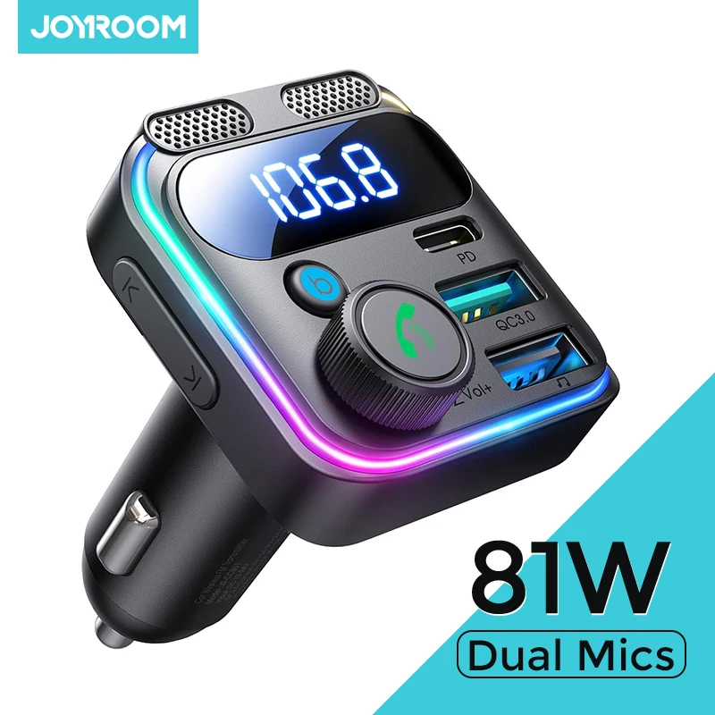 Joyroom 81W Schnelles Auto-Ladegerät Bluetooth 6.0 FM-Transmitter Kabelloses Radio Freisprechanlage Doppelmikrofone Auto-MP3-Player Auto-Ladegerät