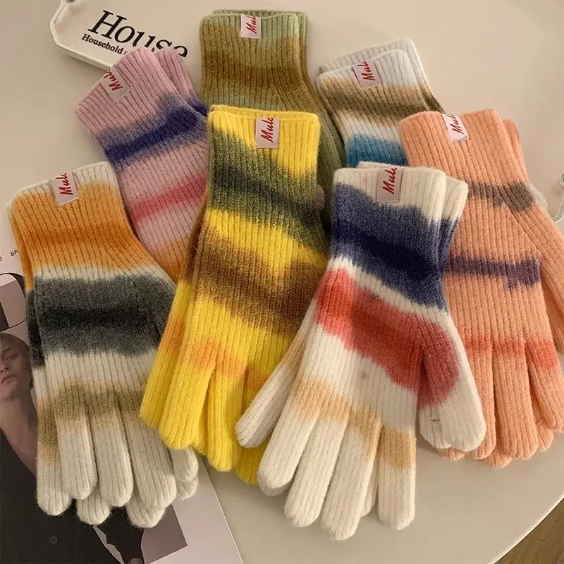 Gradient Knitted Woolen Gloves Women Touchscreen Exposed Fingers Warm Gloves Students Five Finger Cycling Windproof 2024 New