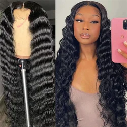 Natural Black Soft 180Density 26“ Deep Wave Curly Lace Front Wig For Women Babyhair Preplucked Heat Resistant Glueless Synthetic