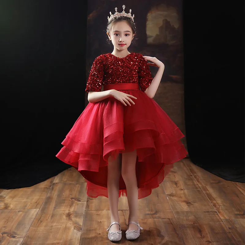 Girls Elegant Luxury Sequin Dress Teen Girls 12 Years Off Shoudler Party Gown Little Kids Tulle Formal Cocktail Dresses High Low