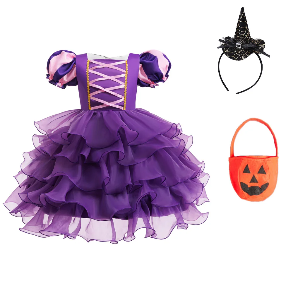 Halloween-Kostüm für Mädchen: Kleid mit Puffärmeln, Rüschen und mehreren Stoffschichten aus Tüll + Hexenhut + Süßigkeitenbeutel in Form einer Kürbis, Party-Outfit für Kinder, 3-teiliges Set. – Detail 24
