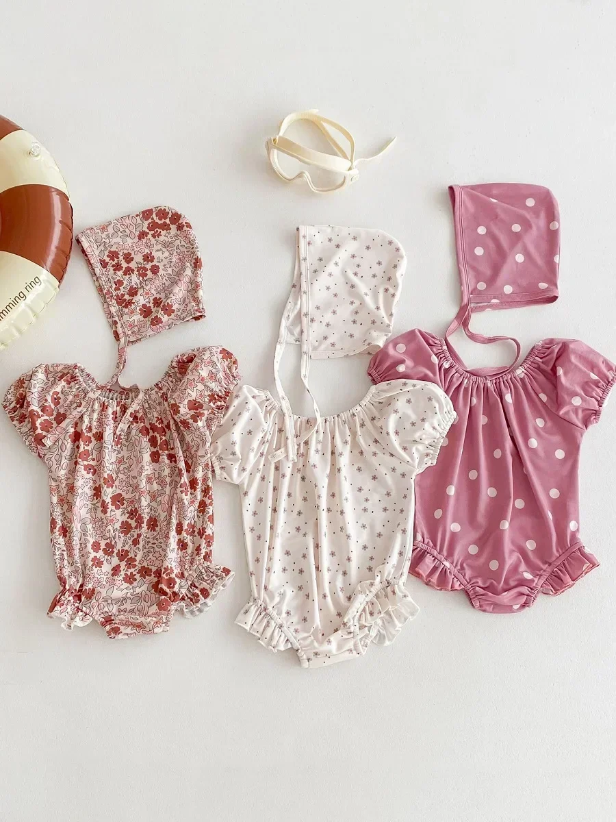 

2025 Summer Baby Girl Swimsuit 0-3Years Newborn Kids Short Sleeve Flower Swimwear One-Pieces With Hat Beachwear Bathing Suit