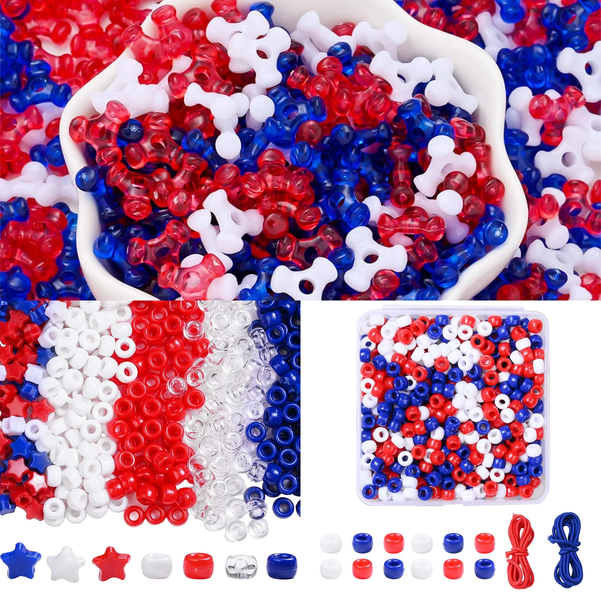 iYOE 602/1200pcs Red White Blue Acrylic Bead Tri-Bead star pony Beads for DIY Independence Day Jewelry Making Bracelet Necklace