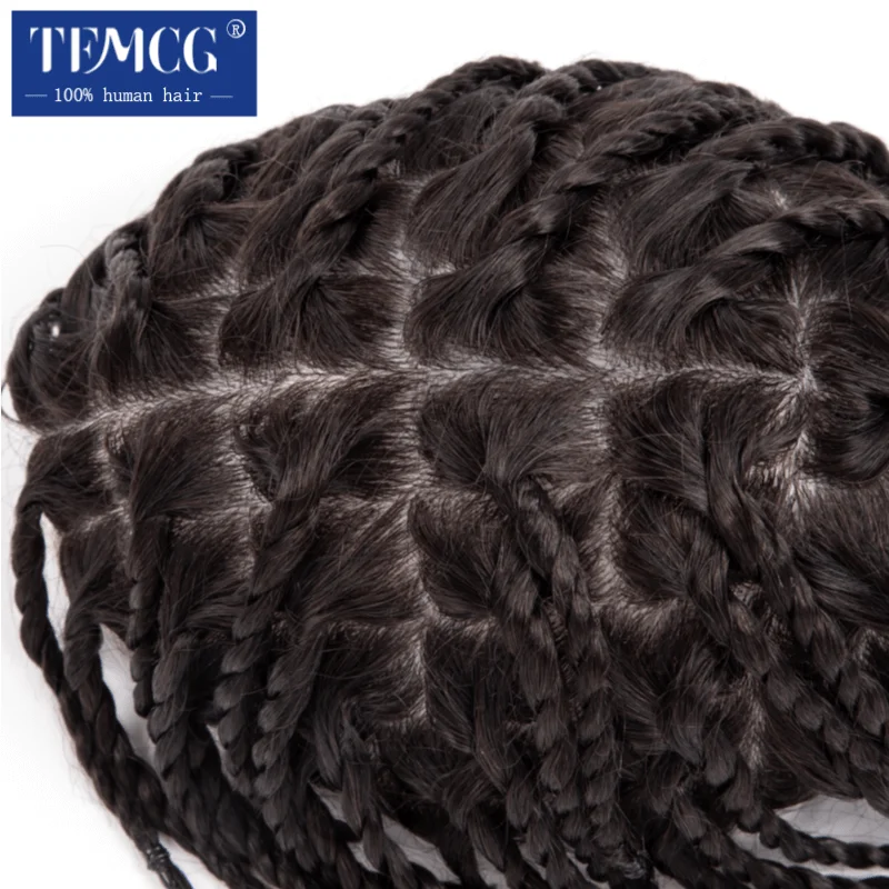 Męska proteza kapilarna Twist Crochet Braids Double Knot 0.08mm PU Base Afro Toupee dla czarnych mężczyzn Peruki dla mężczyzn 100% ludzkich włosów