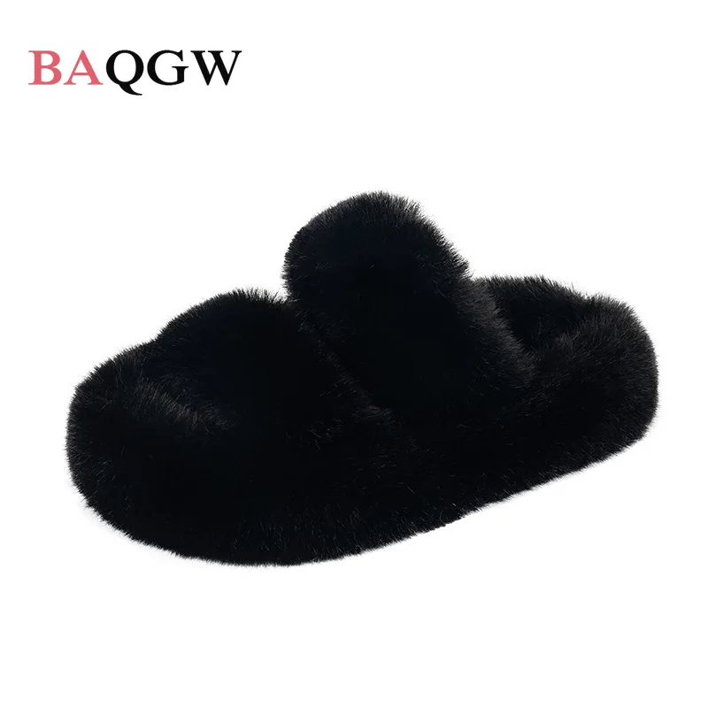 Winter Children Girls House Furry Slippers Fashion Faux Fur Warm Shoes Slip on Flats Baby Girls Home Slides Black Plush Indoor