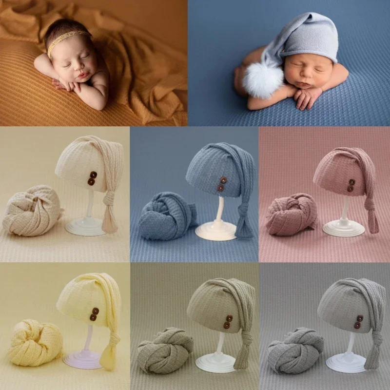 2pcs/set Baby Hat Newborn Photography Props Wrap Blanket Knitted Swaddling Photo Shoot Studio Accessories