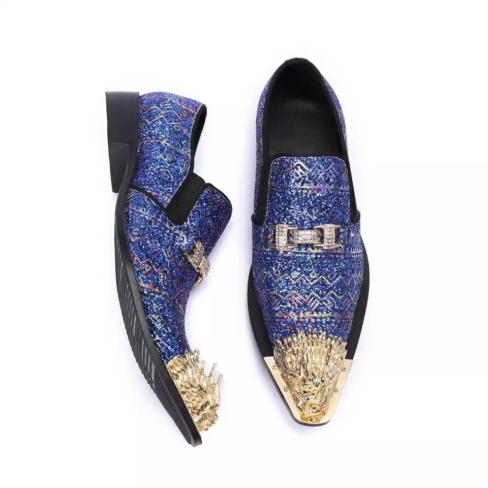 

Geometic Prints Sequins Shoes for Men Gold Buckle Decor Wedding Dress Loafers Male Pointed Toe Shallow Leather Derby Shoes