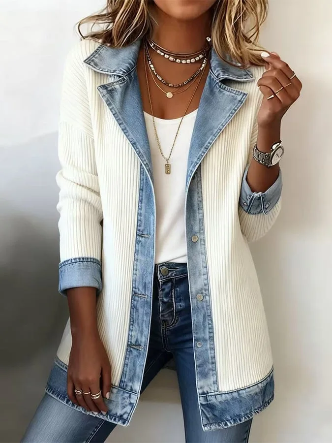 Gerippter Denim-Patchwork-Blazer für Damen mit Revers, langen Ärmeln, einem Knopf, lässig, mittellang, Damen-Oberbekleidung für Frühling und Herbst – Detail 5