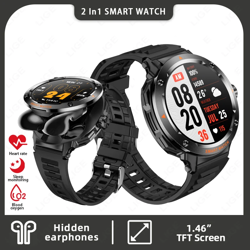 

LIGE NFC 2 IN 1 Smart Watch TWS Earphones New Heart Rate Blood Oxygen Fitness Tracker Sport Watch Bluetooth Call Smartwatch Men