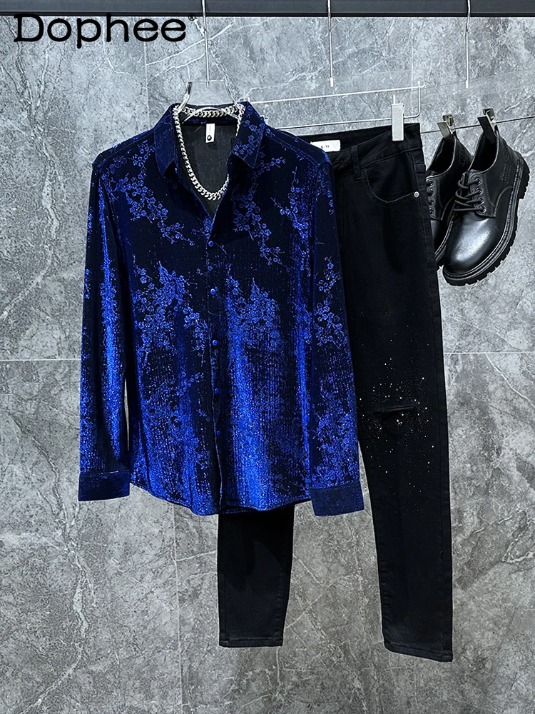 

Autumn New Velvet Men's Long Sleeve Turn-down Collar Shirt High-end Stylish Personality Casual Retro Fashion Trend Shirt