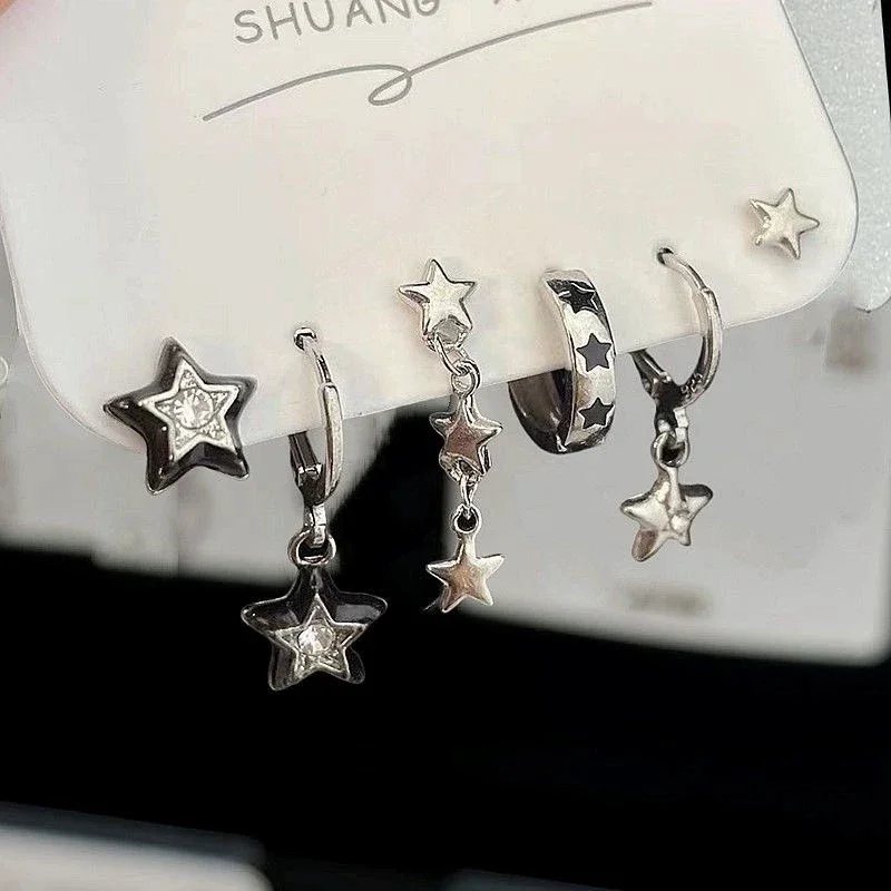 6PCS SET Goth Punk Vintage Aesthetic Crystal Heart Moon Cross Star Pendant Earrings For Men Women Grunge Y2K Jewelry Accessories