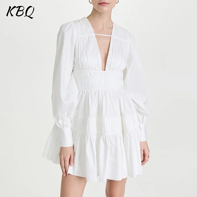 

KBQ Solid Minimalist Shport Dress For Women V Neck Lantern Sleeve High Waist Casual Slimming Short Dresses Female Fashion New