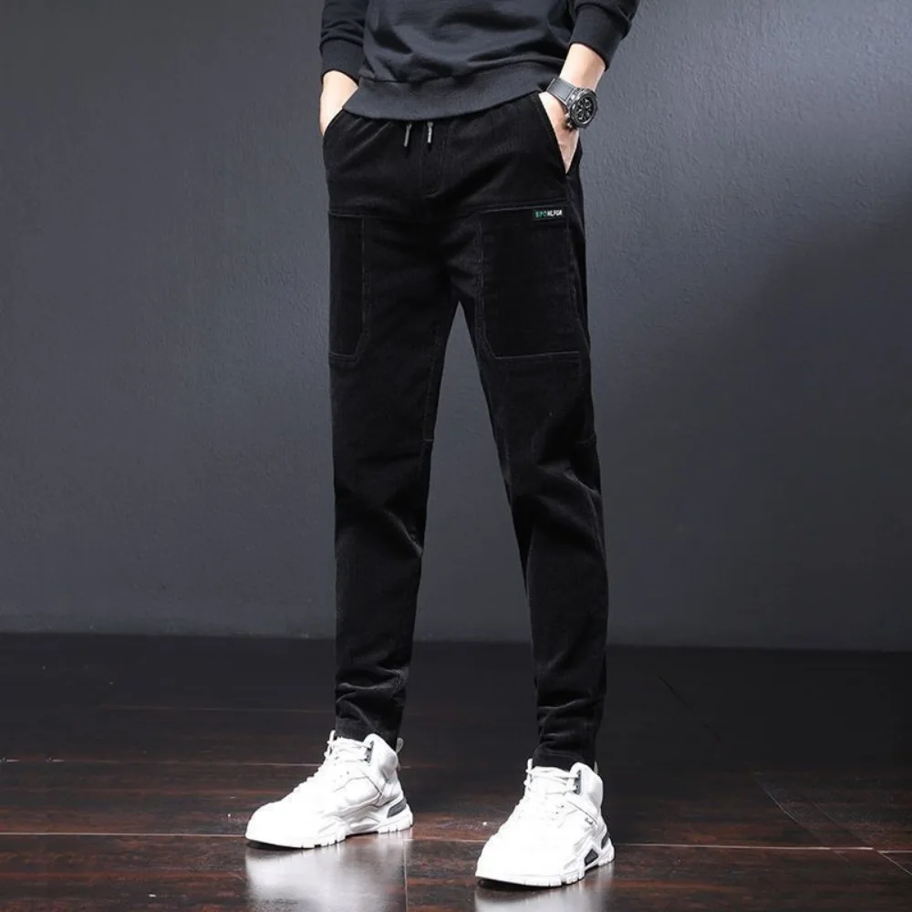 Winter Pants Men Work Wear Baggy Joggers Streetwear Elastic Waist Male Korean Corduroy Plush Thicken Trousers Men Clothing