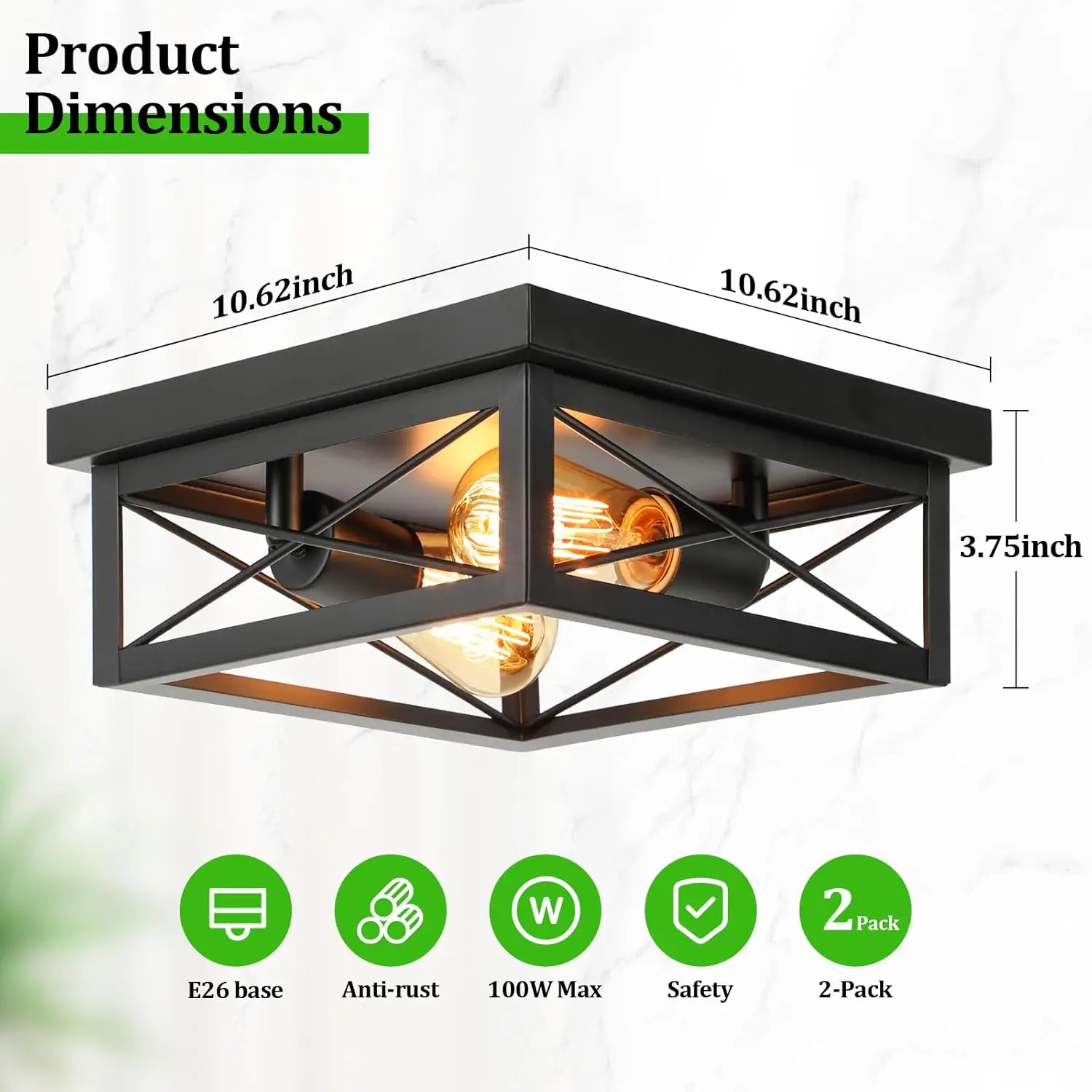 2-Licht industrielle quadratische Unterputz-Decken leuchte, Bauernhaus Decken leuchte für die Küche, modernes Schwarz in der Nähe der Decke