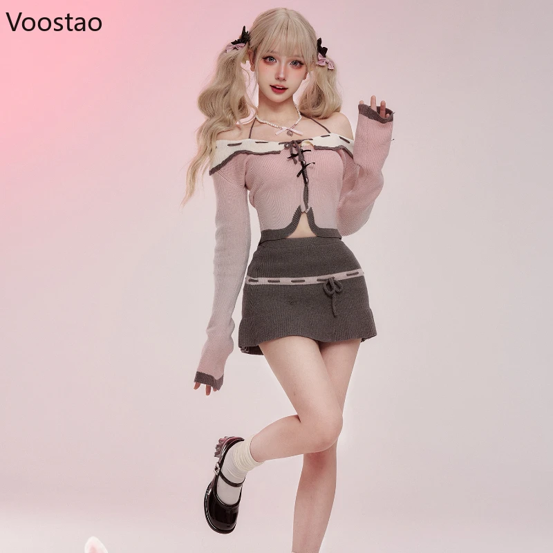 Japanese Pink Kawaii Lolita 2 Piece Set Women Off Shoulder Y2K Sweet Knitted Sweater Mini Skirt Suit Female Korean Chic Outfits