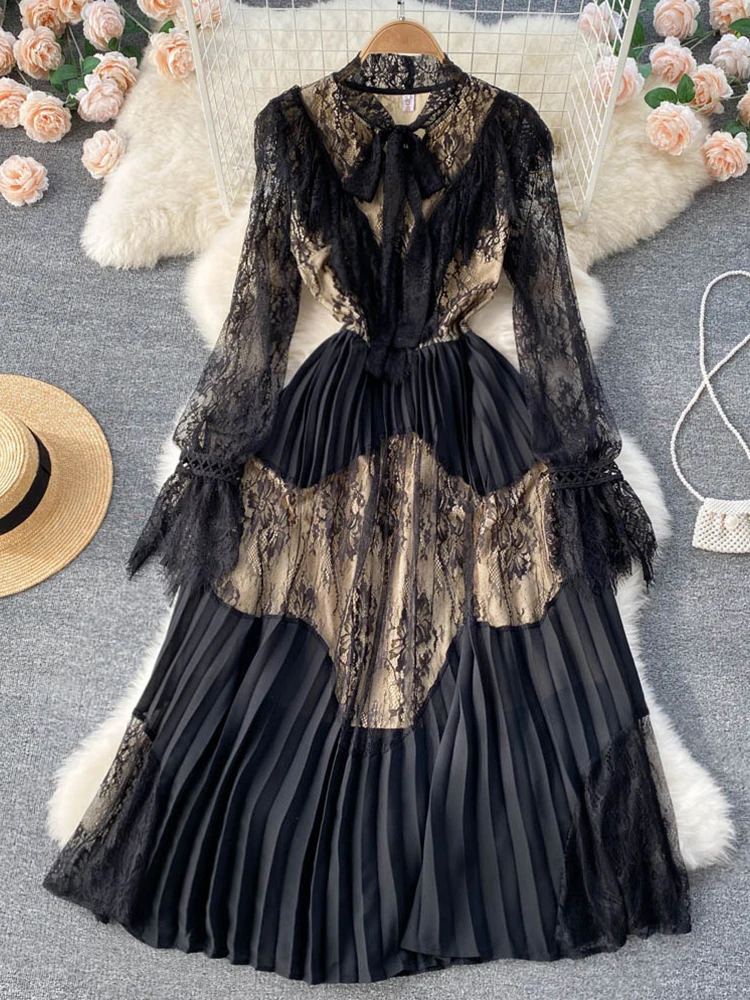 

FTLZZ Spring Autumn Elegant Women Bow Lace Patchwork Dress Vintage Puff Sleeve Ruffled Long Dress Pleated Dress for Party