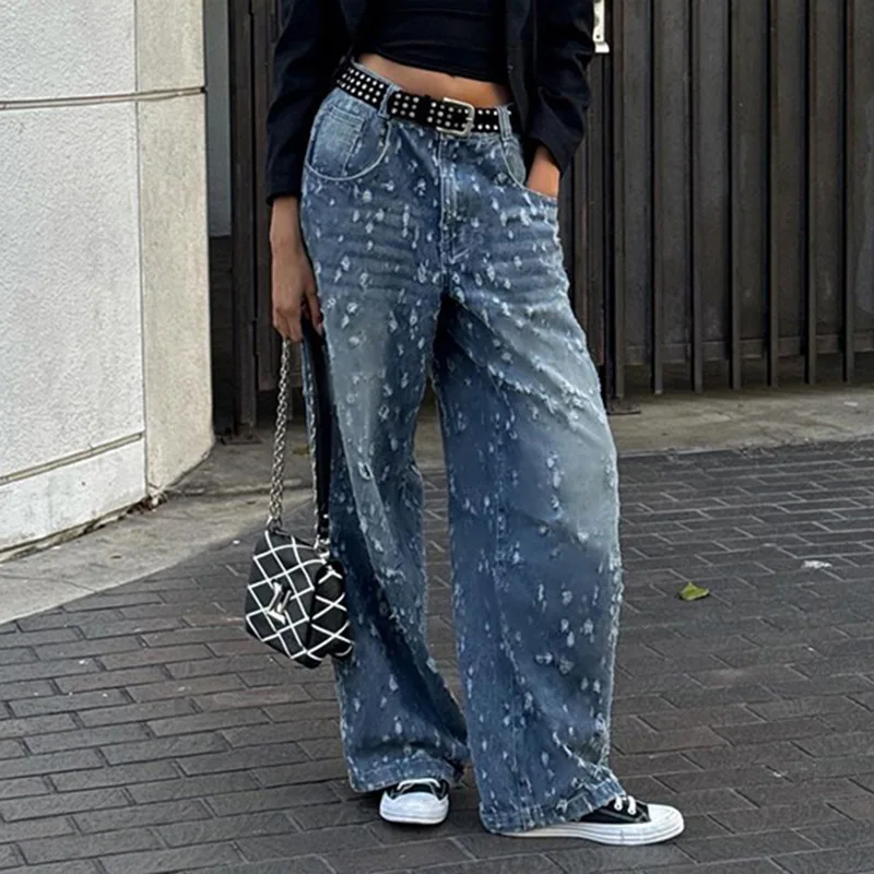 Street style cool girl personality ripped to do old jeans low waisted wash water contrast color loose casual pants