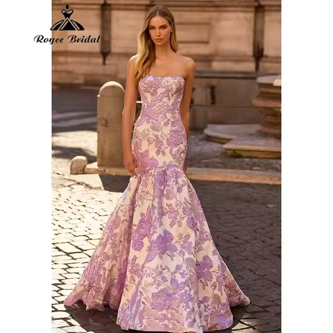 Vintage Strapless Jacquard Stain Prom Dresses 2026 Luxury Mermaid Lavender Evening Dress Customized شارون سعيد