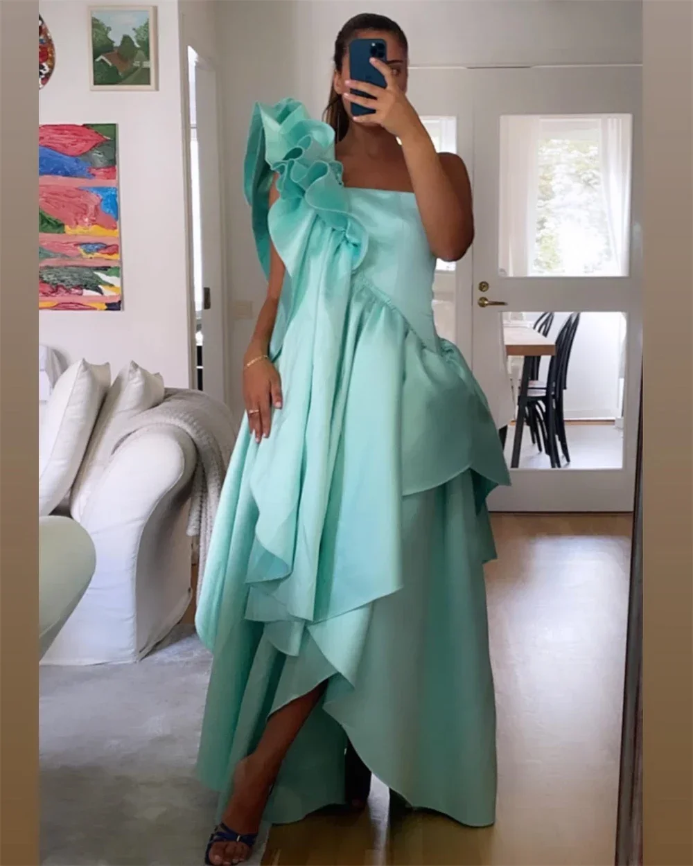 

Customized Prom Dresses Elegant Fashion One Shoulder A-line Floor Length Sleeveless Tiered Satin Ruched Formal Evening Gowns فسا