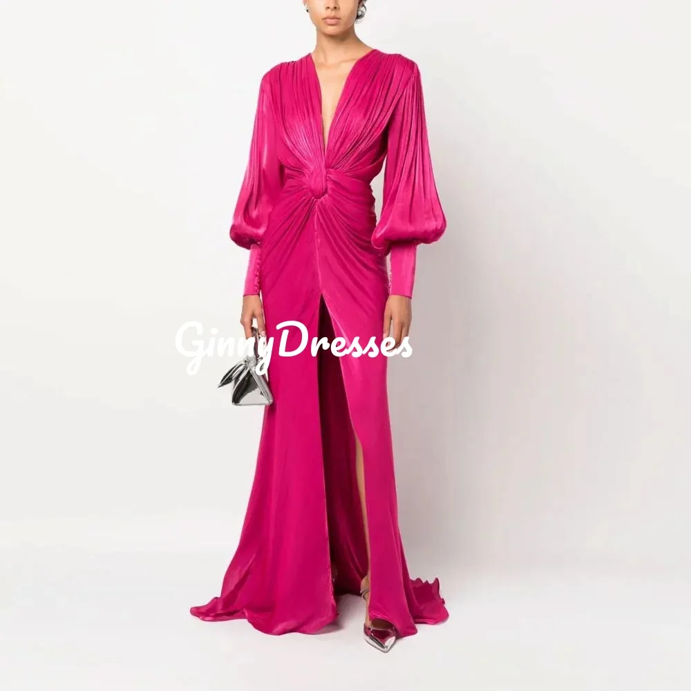 Customized Evening Dresses A-Line V-Neck Floor-Length Ruffle Split Wedding Dress Zipper Up Long Sleeves Formal Occasion Dresses