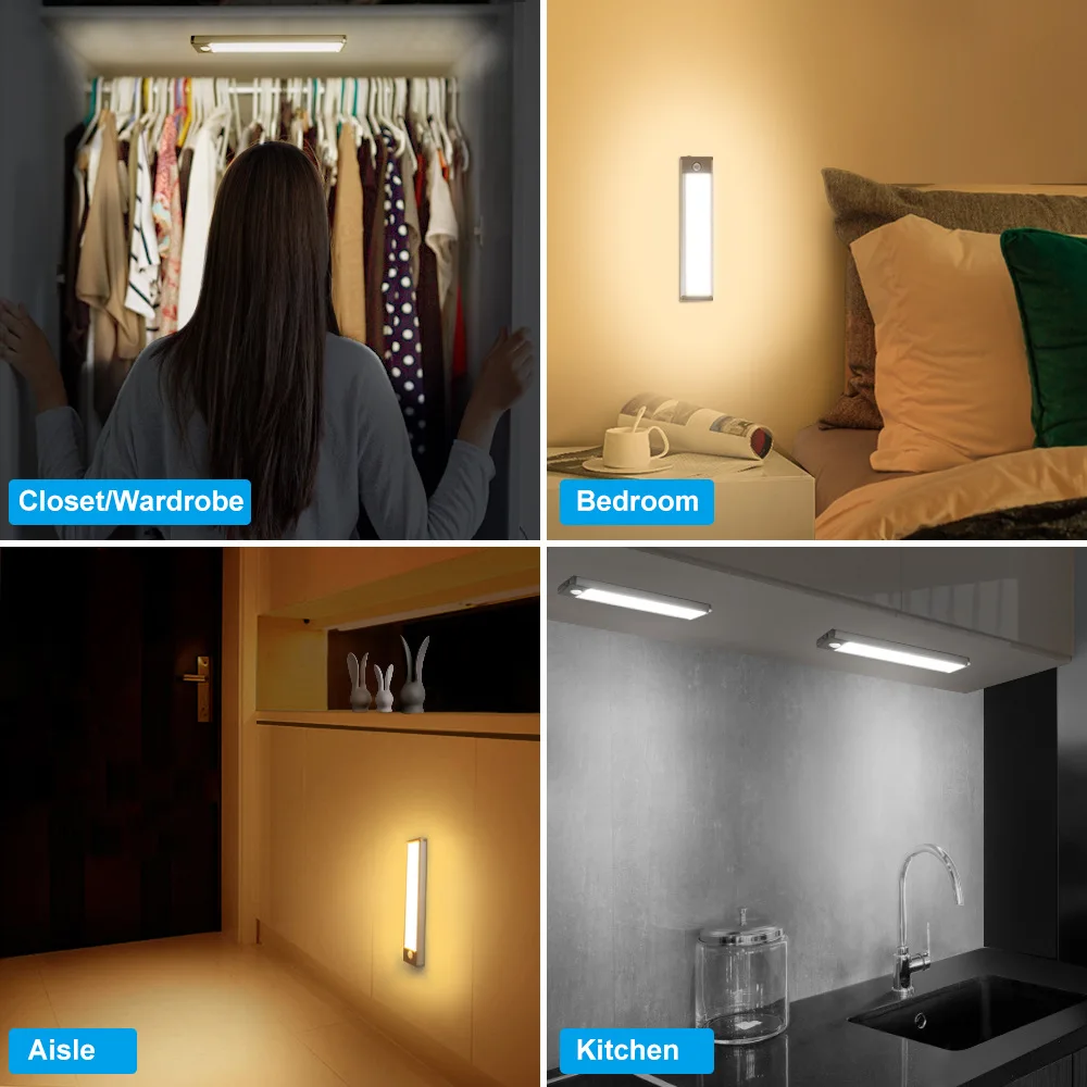 Motion Sensor LED Night Light USB Rechargeable Long Strip Lamp for Kitchen Cabinet Wardrobe Staircase Closet Bedside Mirror Lamp