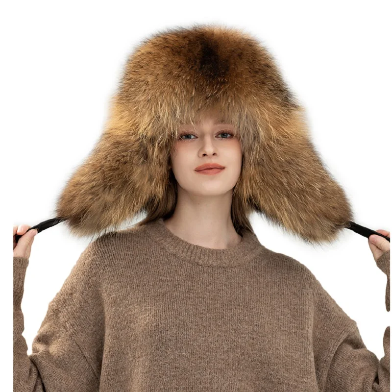 Natural Color Luxurious Winter Gorgeous Thick Earflap Hats Genuine Raccoon Fox Fur Warm Hat